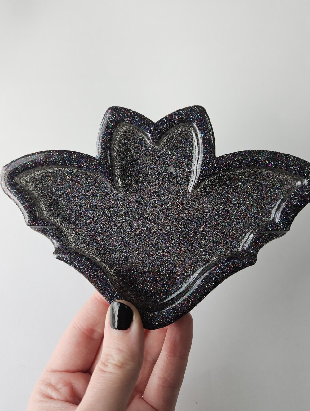 Handmade Holographic Black Glitter Bat Resin Ashtray Halloween Decor Tray Art